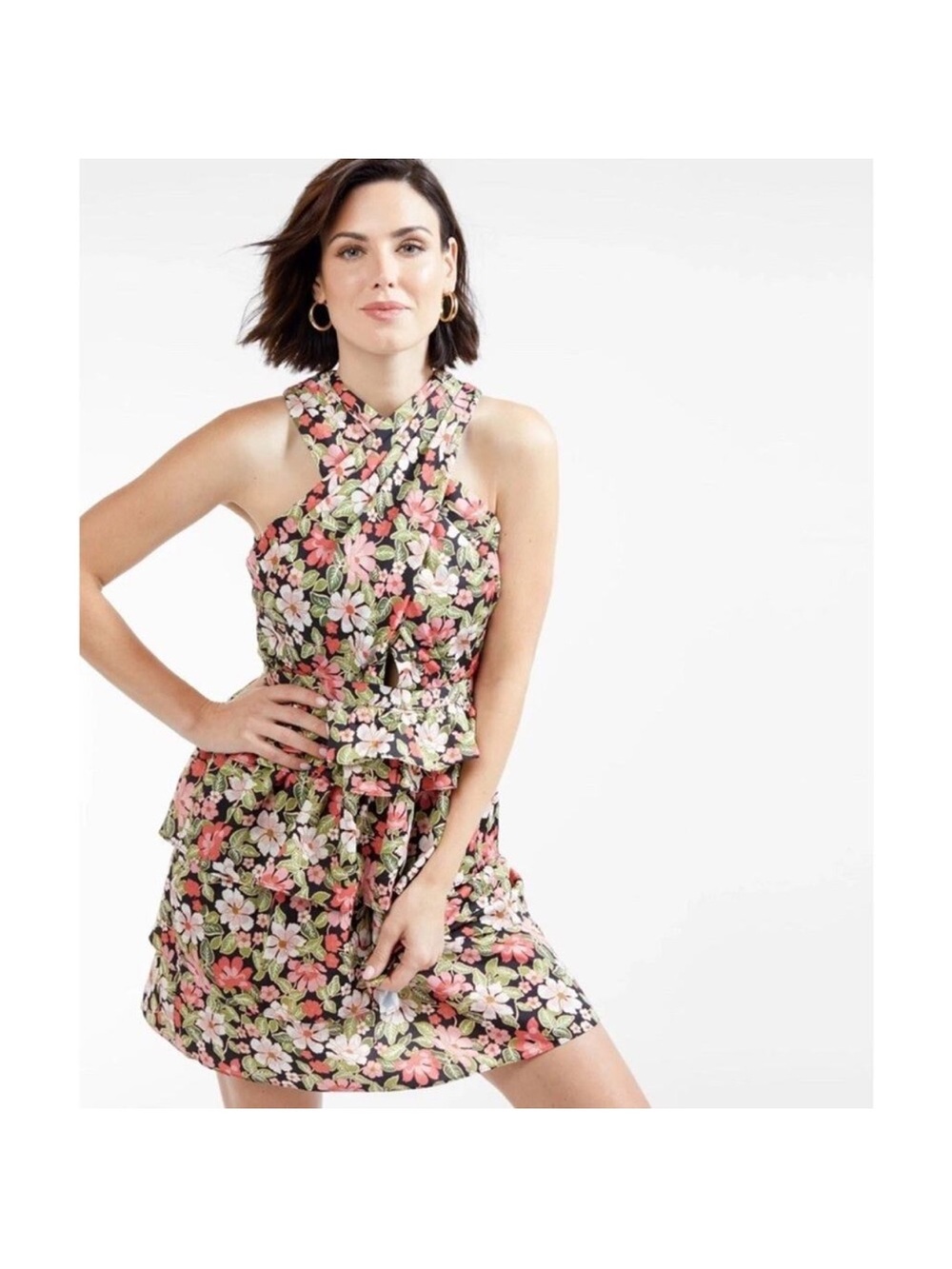 Outerknown Bailey Black Floral Cross-Back Mini Dress with Coral and Cream Blooms